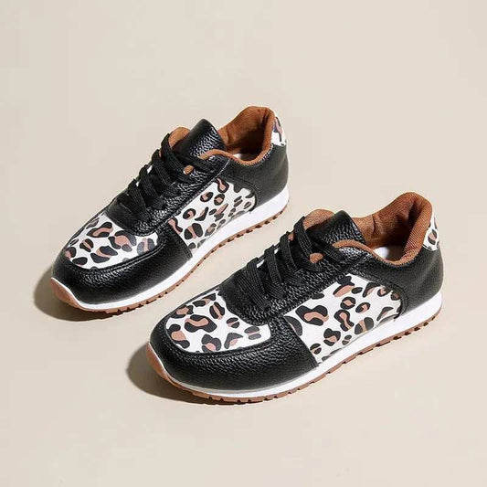 Leopard Round Toe Lace Up Sneakers - Trendsi - Flyclothing LLC