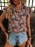 Floral Notched Cap Sleeve Blouse - Trendsi