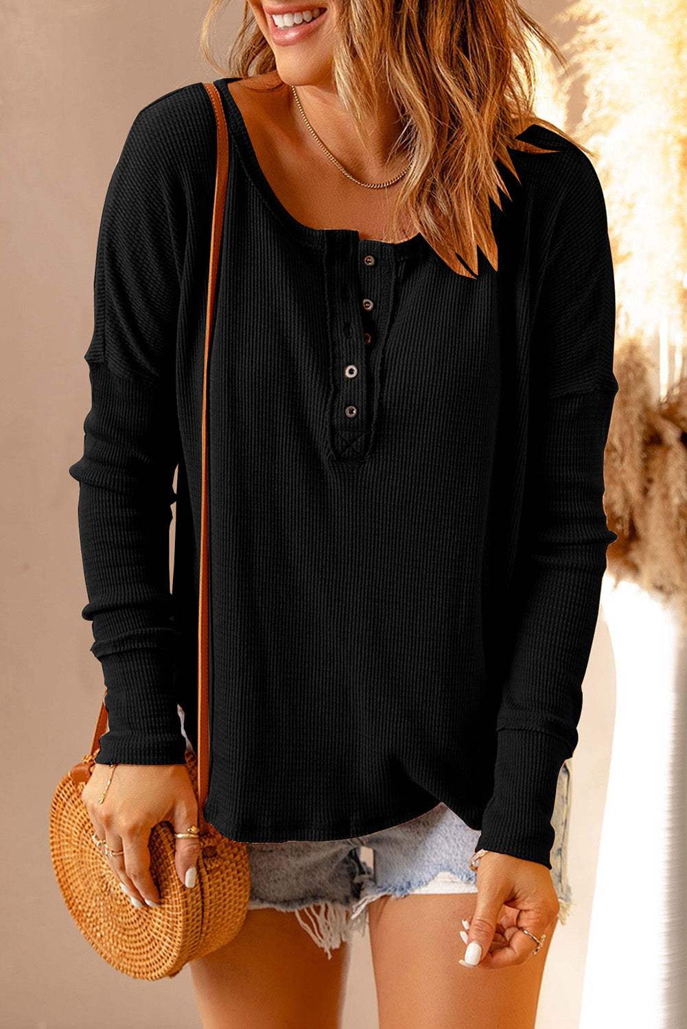 Double Take Full Size Half Button Drop Shoulder T-Shirt - Trendsi - Flyclothing LLC
