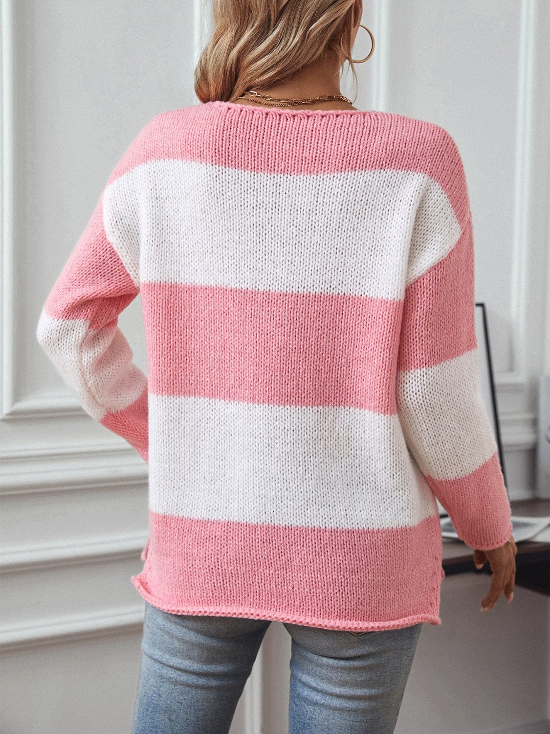 Color Block V-Neck Long Sleeve Sweater - Trendsi