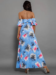 Pleated Floral Off-Shoulder Short Sleeve Midi Dress - Trendsi