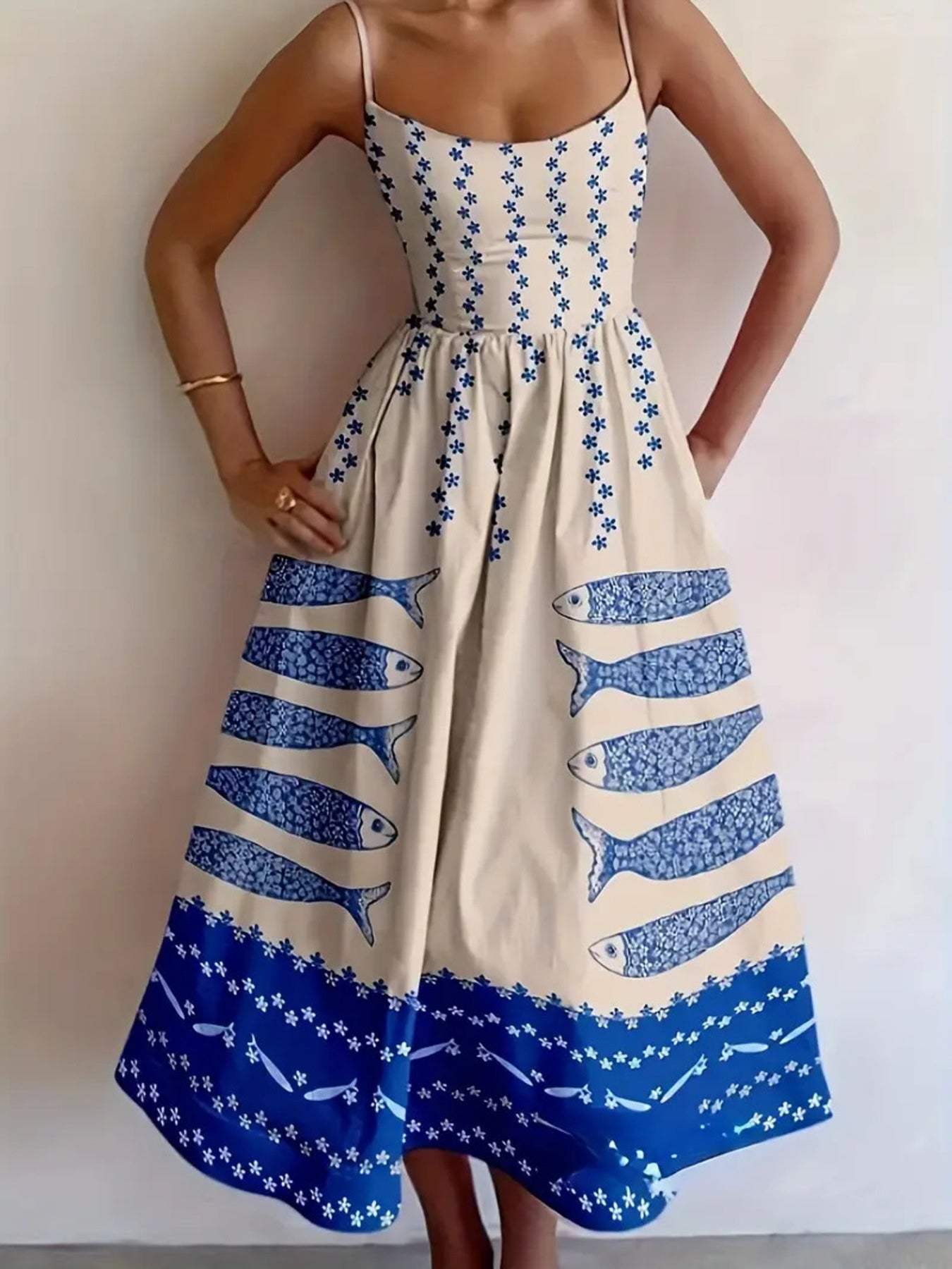 Sardine Print Spaghetti Strap Midi Dress - Trendsi - Flyclothing LLC