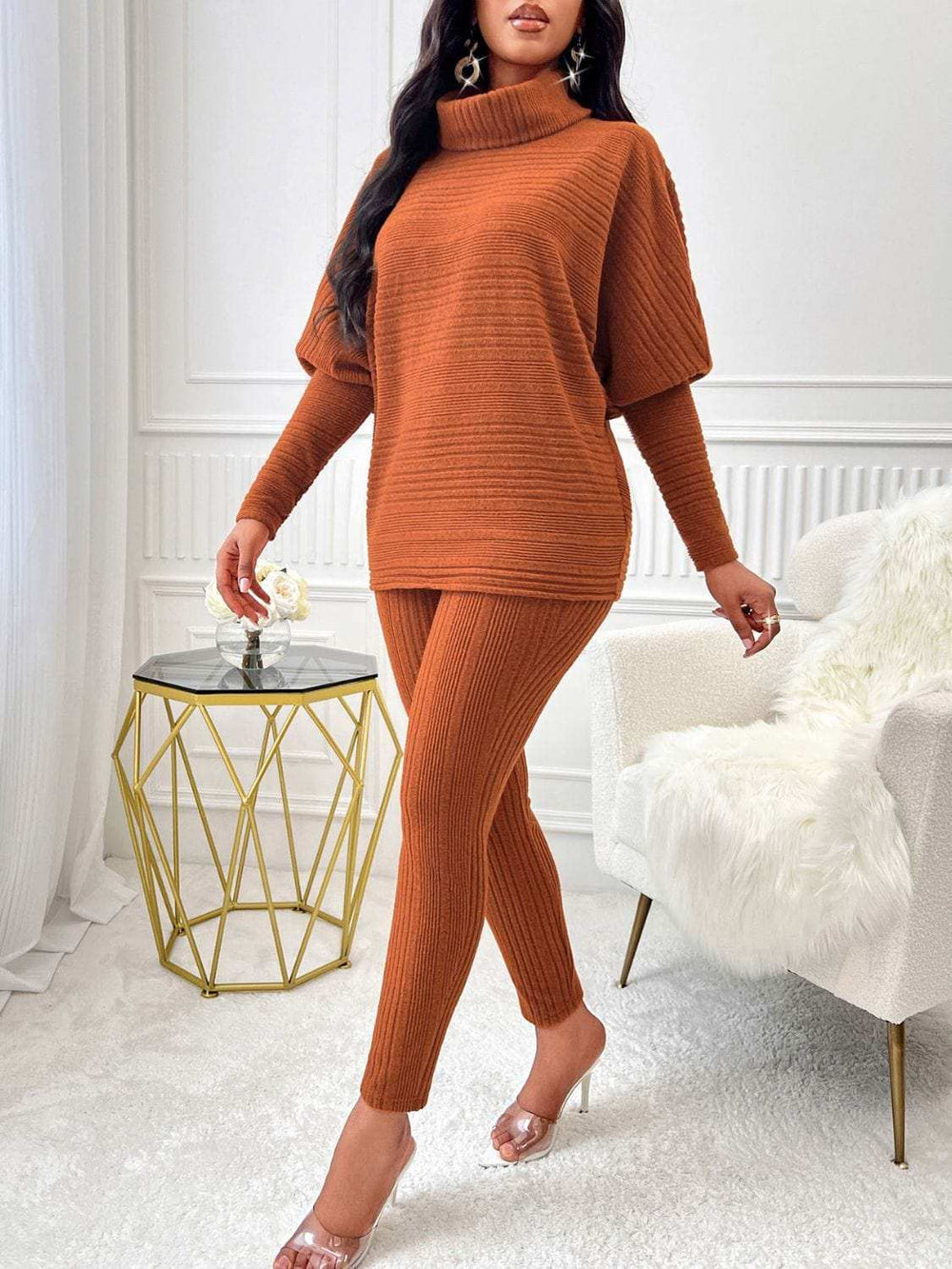 Turtleneck Batwing Sleeve Top and Pants Set - Trendsi - Flyclothing LLC