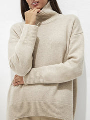 Ribbed Detail Turtleneck Dropped Shoulder Sweater - Trendsi