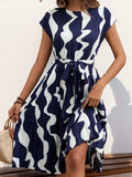 Tied Pleated Printed Cap Sleeve Dress - Trendsi - Flyclothing LLC