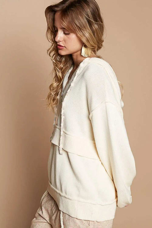 POL Half Zip Drop Shoulder Hooded Sweater - Trendsi - Flyclothing LLC