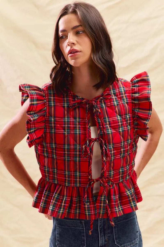 SO ME Christmas Holiday Plaid Ruffled Quilt Vest Top - Trendsi - Flyclothing LLC