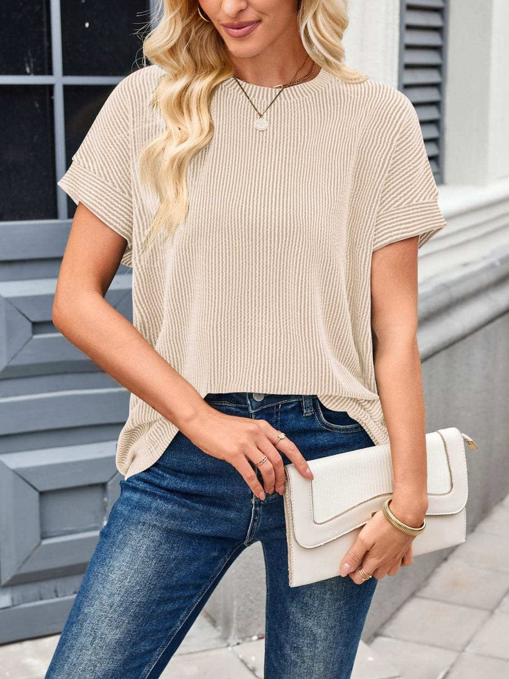 Lovelet Round Neck Short Sleeve Rib T-Shirt - Trendsi - Flyclothing LLC