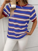 Contrast Striped Round Neck Short Sleeve T-Shirt - Trendsi - Flyclothing LLC