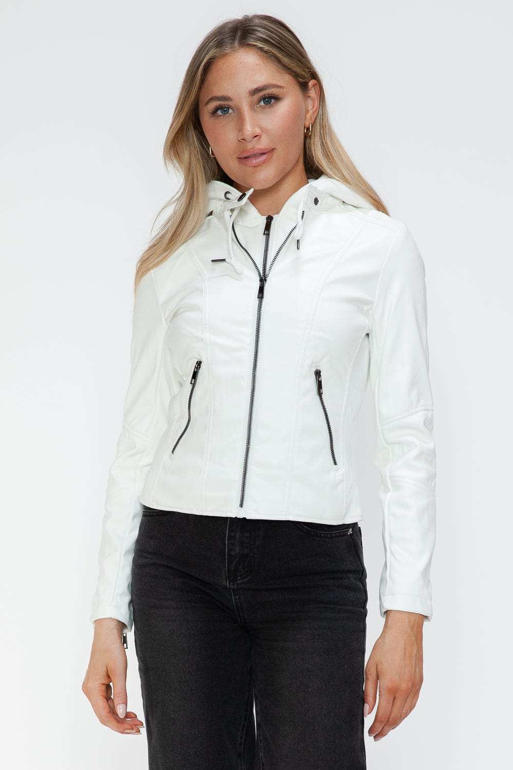 Snobbish Faux Leather Zip Up Drawstring Hooded Jacket - Trendsi - Flyclothing LLC