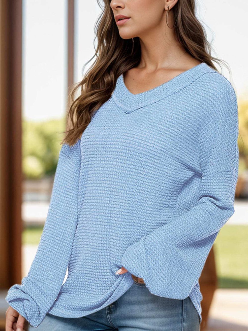 Dropped Shoulder Long Sleeve Knit Top - Trendsi - Flyclothing LLC