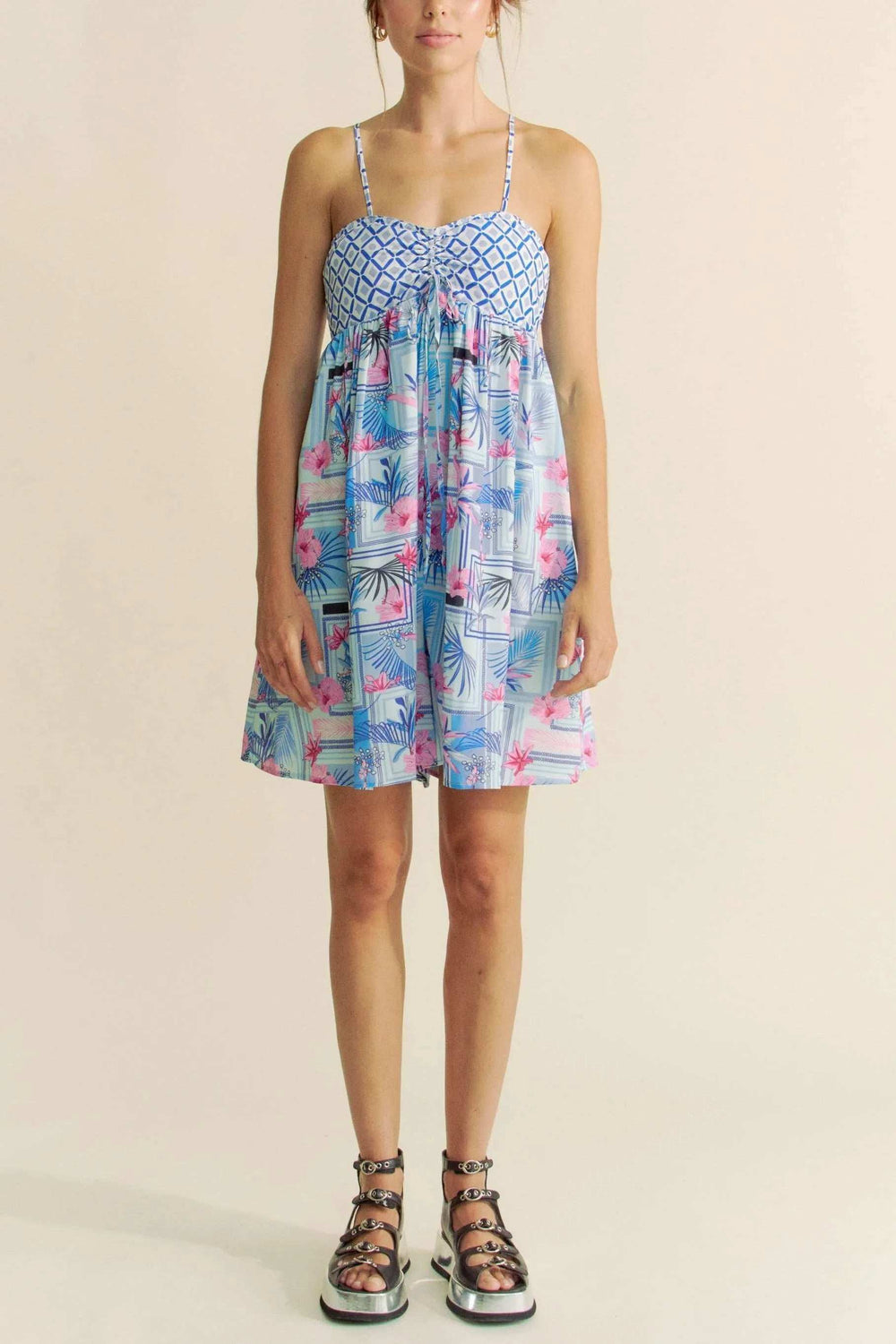 Davi & Dani Tropical Floral Geo Print Tie Back Tube Top Romper - Trendsi - Flyclothing LLC