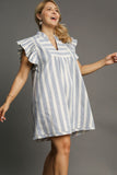 Umgee Full Size Striped Notched Ruffled Cap Sleeve Mini Dress Plus Size - Trendsi