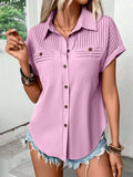 Pleated Detail Collared Neck Short Sleeve Shirt - Trendsi - Flyclothing LLC