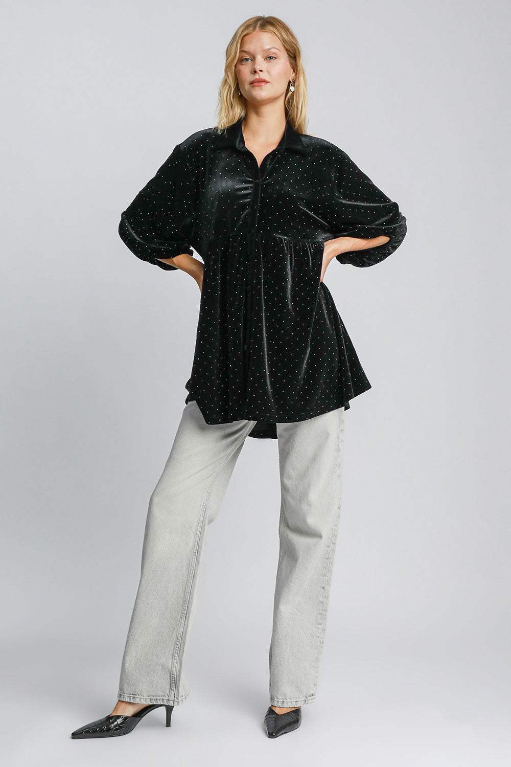 Umgee Full Size Polka Dot Button Up Half Sleeve Shirt - Trendsi - Flyclothing LLC