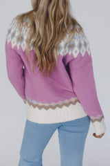 Geometric Round Neck Long Sleeve Sweater - Trendsi - Flyclothing LLC