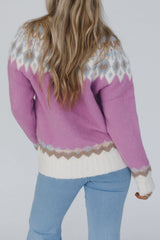 Geometric Round Neck Long Sleeve Sweater - Trendsi