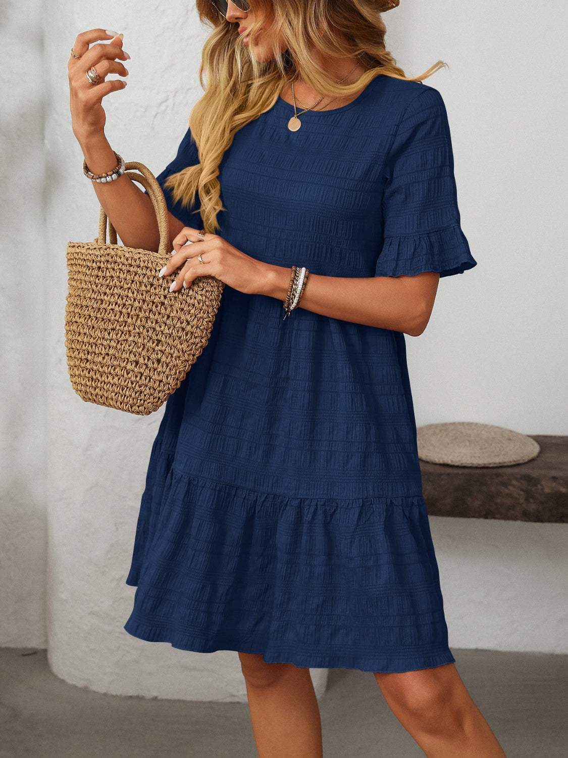 Mandy Ruffled Ruched Round Neck Half Sleeve Dress - Trendsi - Flyclothing LLC