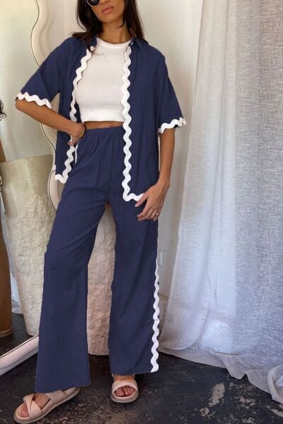 Contrast Trim Half Sleeve Top and Pants Set - Trendsi
