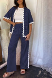 Contrast Trim Half Sleeve Top and Pants Set - Trendsi