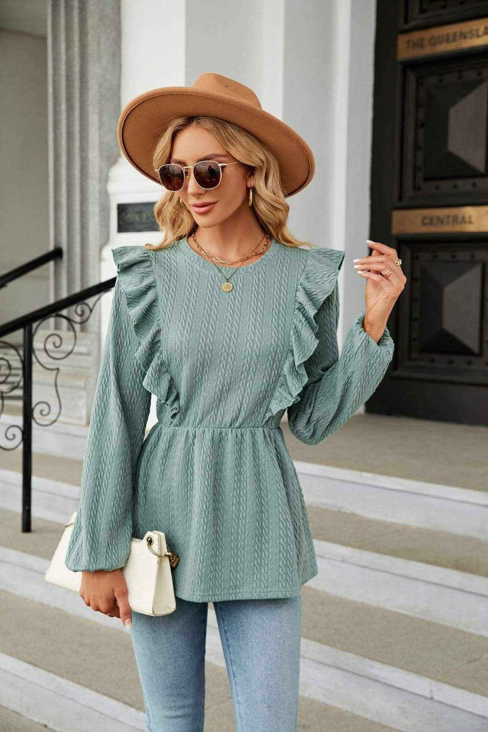 Round Neck Ruffled Peplum Blouse - Trendsi - Flyclothing LLC