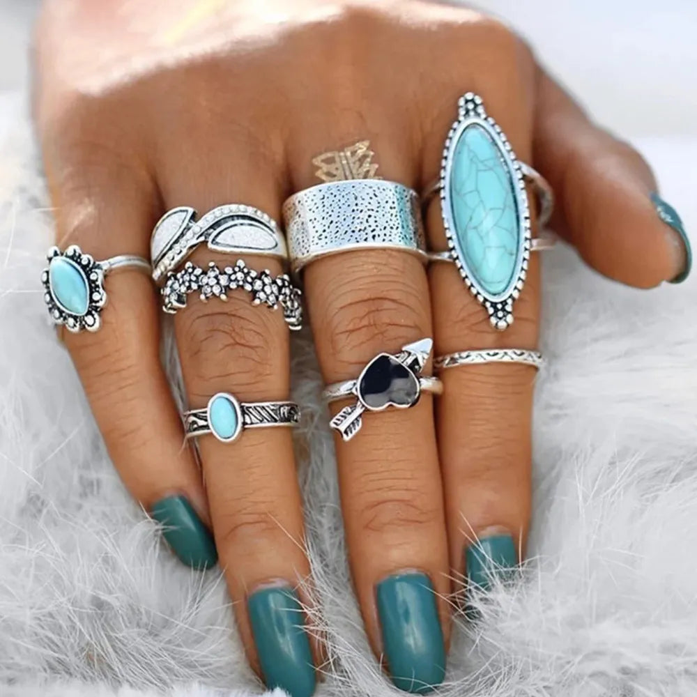 Turquoise Alloy 8-Piece Ring Set - Trendsi - Flyclothing LLC