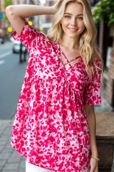 Heimish Full Size Short Sleeve Crisscross Animal Babydoll Top Plus Size - Trendsi - Flyclothing LLC