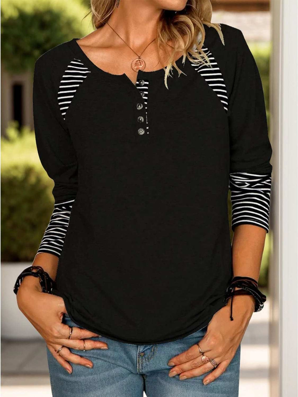 Full Size Striped Quarter Button Long Sleeve T-Shirt - Trendsi - Flyclothing LLC