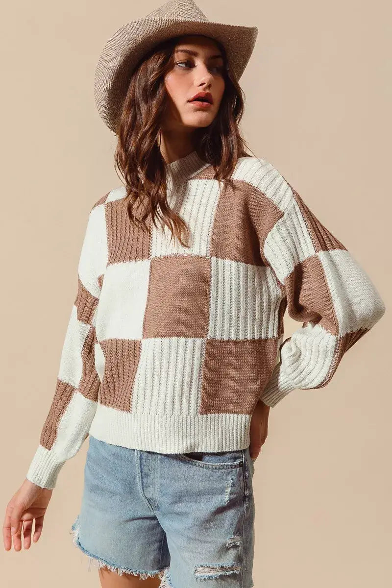 SO ME Ribbed Color Block Checkered Plaid Sweater - Trendsi - Flyclothing LLC