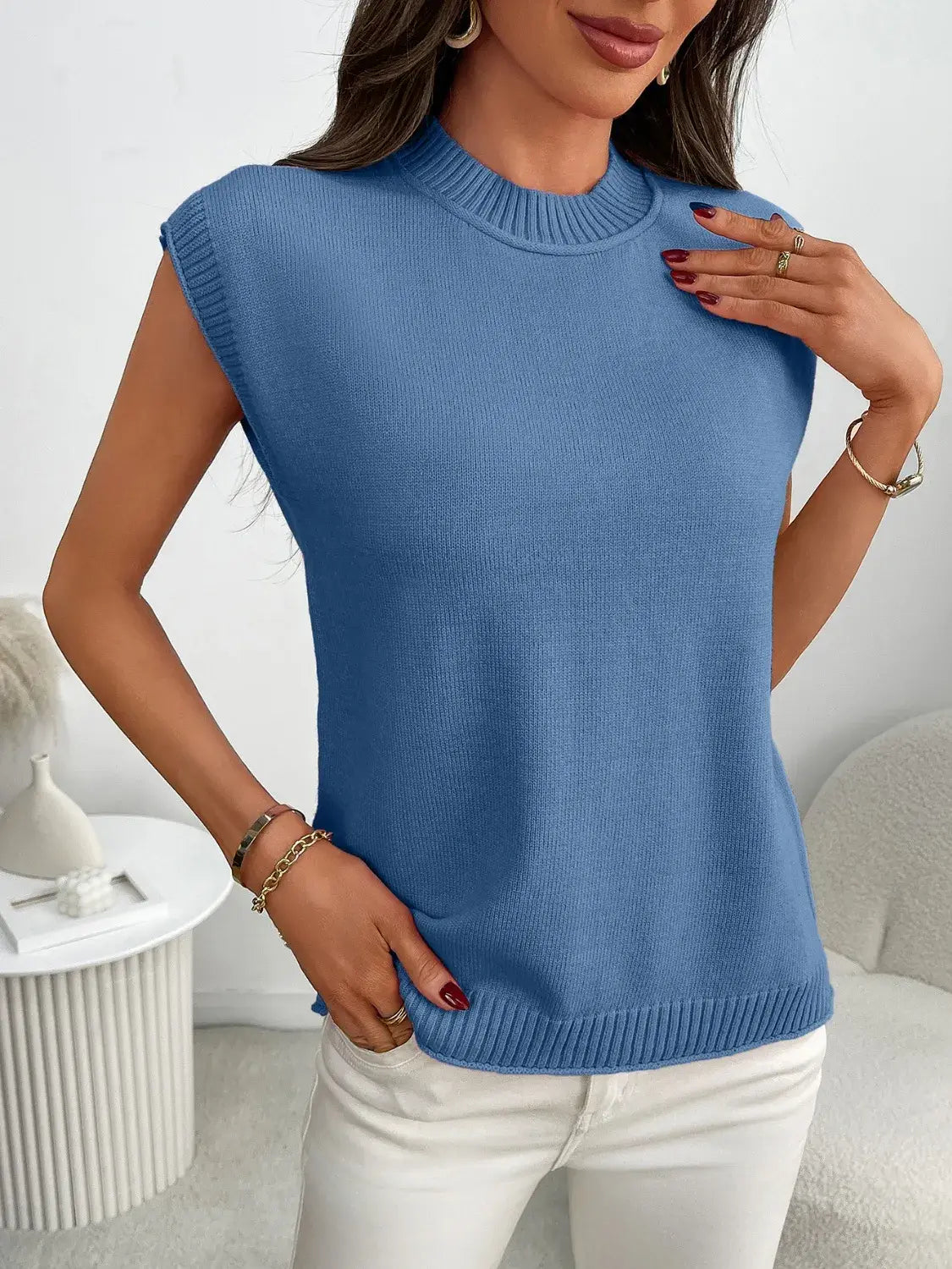 Mock Neck Cap Sleeve Knit Top - Trendsi - Flyclothing LLC