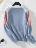 Color Block Round Neck Long Sleeve Sweater - Trendsi
