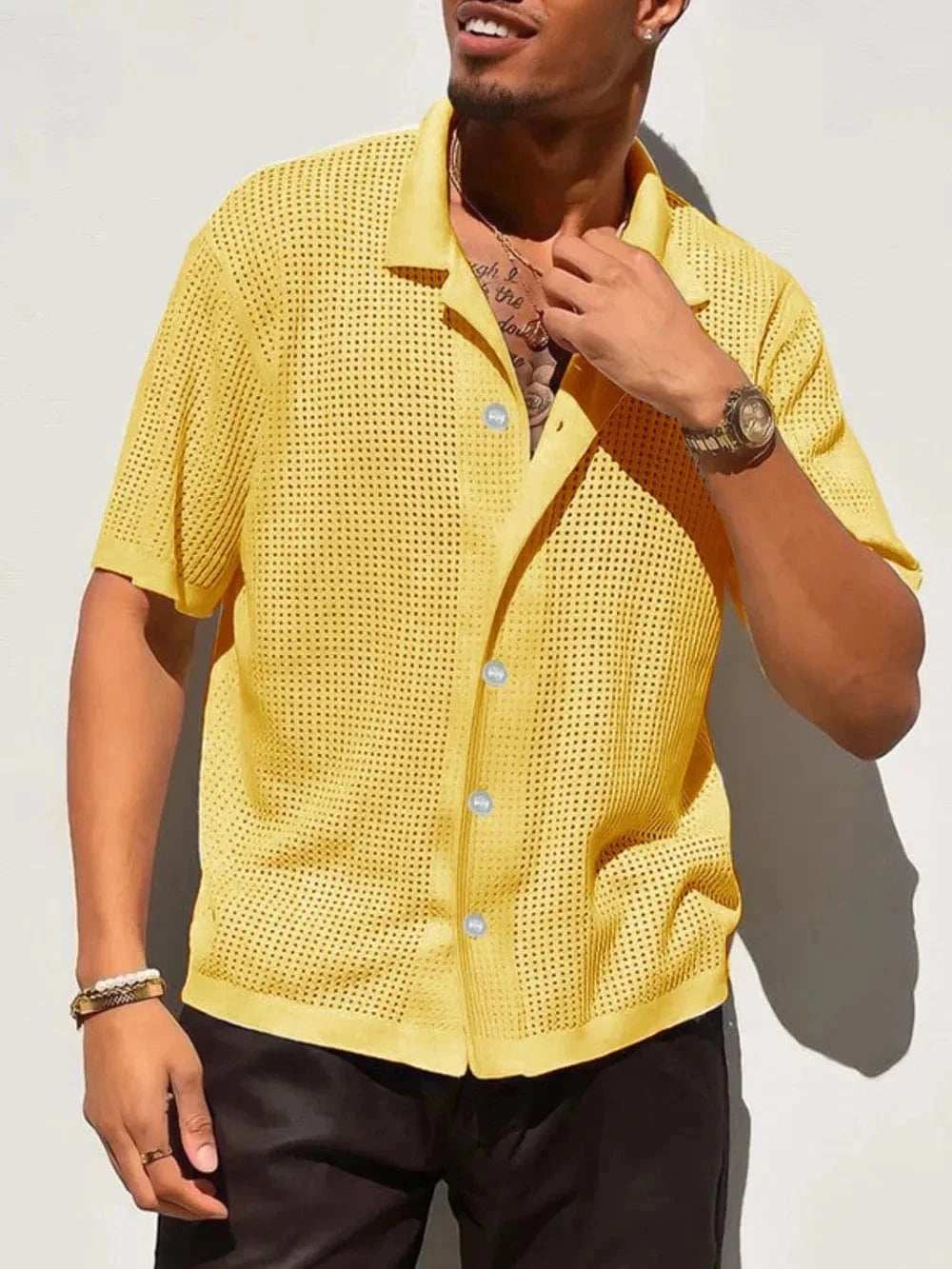 Open Work Button Men's Full Size Openwork Button Down Collared Neck Shirt Plus Size ...