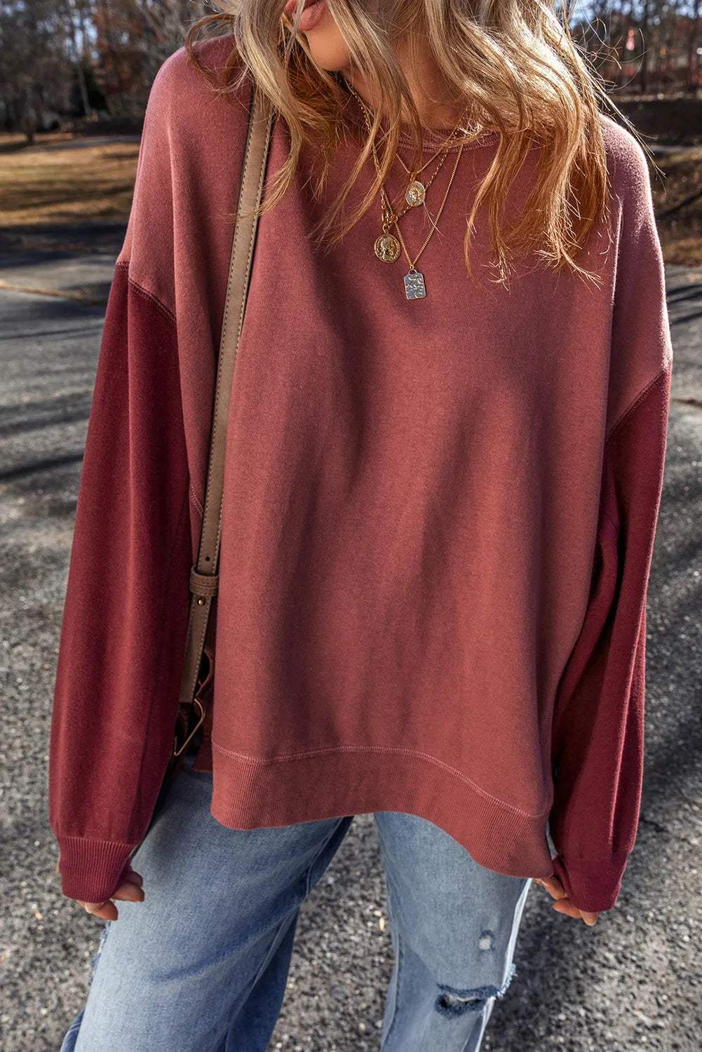 Contrast Round Neck Long Sleeve Sweatshirt - Trendsi - Flyclothing LLC