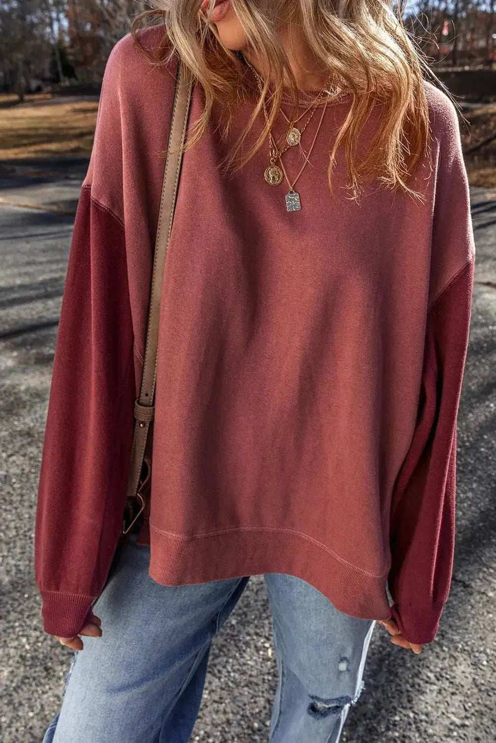 Contrast Round Neck Long Sleeve Sweatshirt - Trendsi - Flyclothing LLC