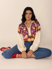 Printed Notched Long Sleeve Blouse - Trendsi