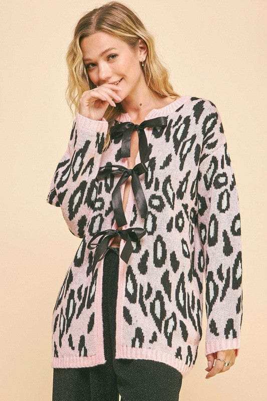 Davi & Dani Leopard Ribbon Tie Front Loose Fit Cardigan - Trendsi - Flyclothing LLC