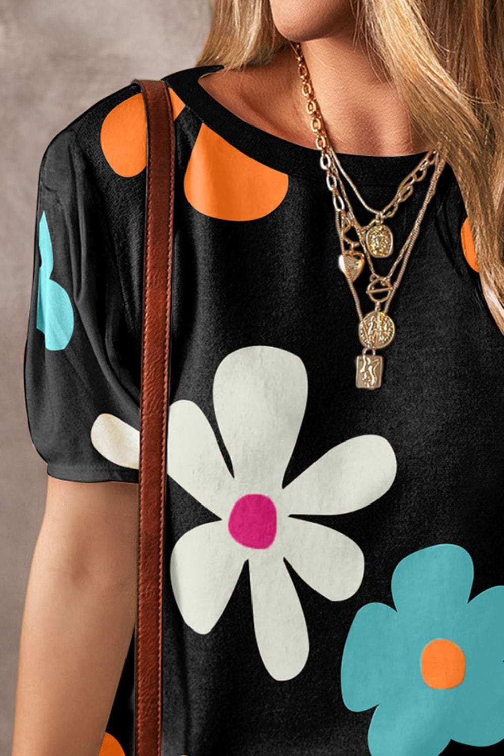 Flower Round Neck Short Sleeve Blouse - Trendsi - Flyclothing LLC