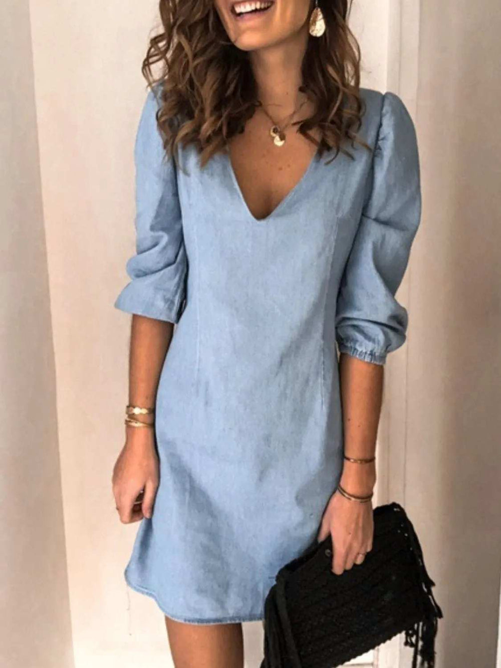 Full Size V-Neck Half Sleeve Dress - Trendsi - Flyclothing LLC