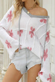 Drawstring Flower Hooded Knit Top - Trendsi
