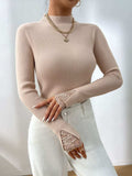 Lace Detail Mock Neck Long Sleeve Sweater - Trendsi - Flyclothing LLC