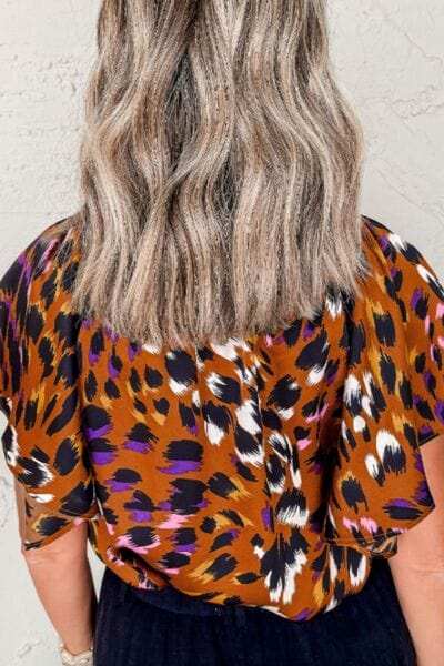 Leopard Notched Short Sleeve Blouse - Trendsi - Flyclothing LLC