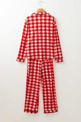 Plaid Collared Neck Long Sleeve Top and Pants Set - Trendsi - Flyclothing LLC
