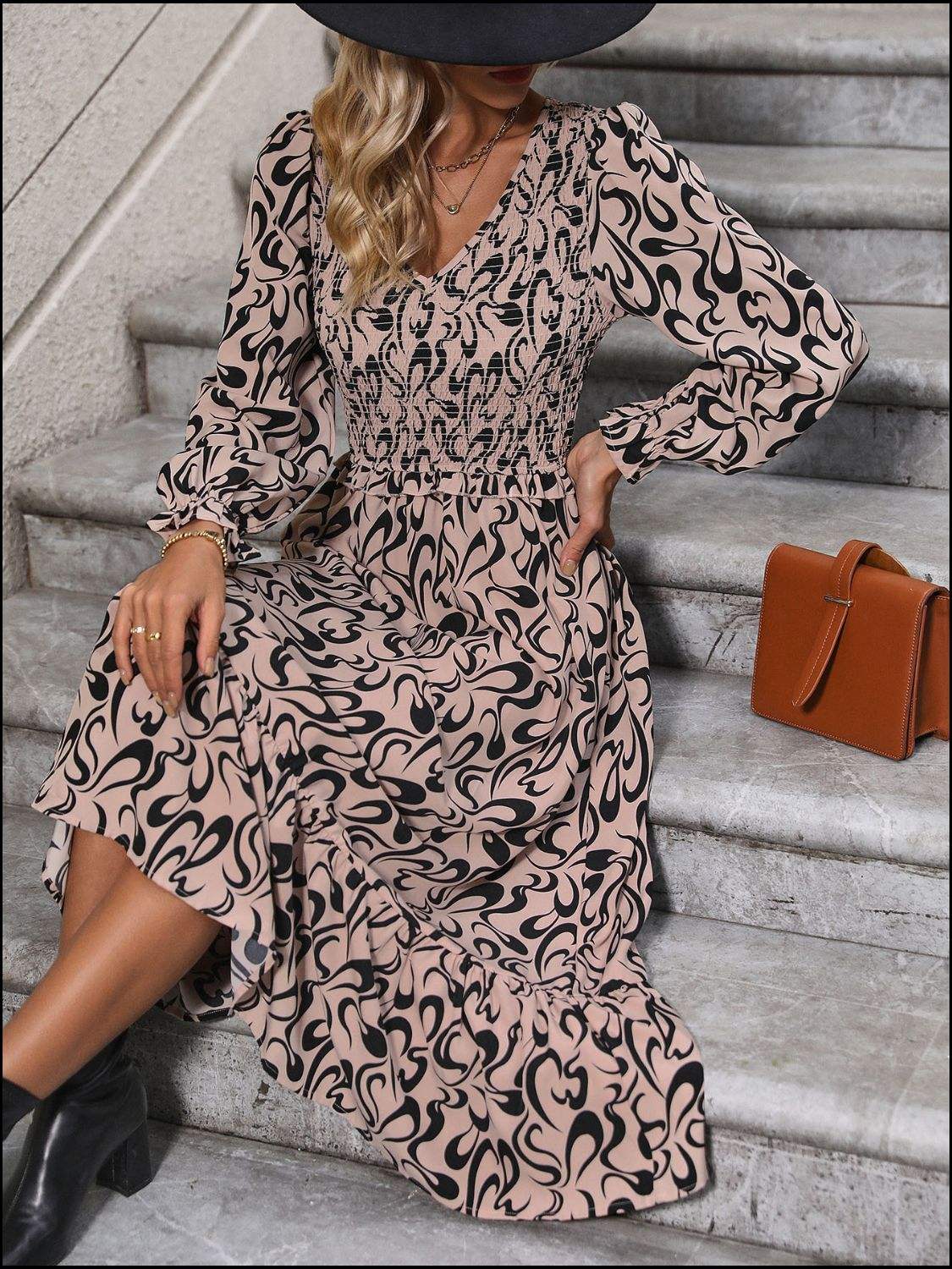 Printed V-Neck Long Sleeve Midi Dress - Trendsi - Flyclothing LLC
