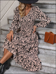 Printed V-Neck Long Sleeve Midi Dress - Trendsi