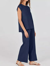 Casual Solid Color Cap Sleeve Top and Pants Knit Set - Trendsi - Flyclothing LLC