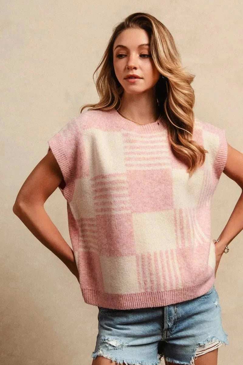 BiBi Checker With Stripes Pattern Sleeveless Sweater - Trendsi - Flyclothing LLC