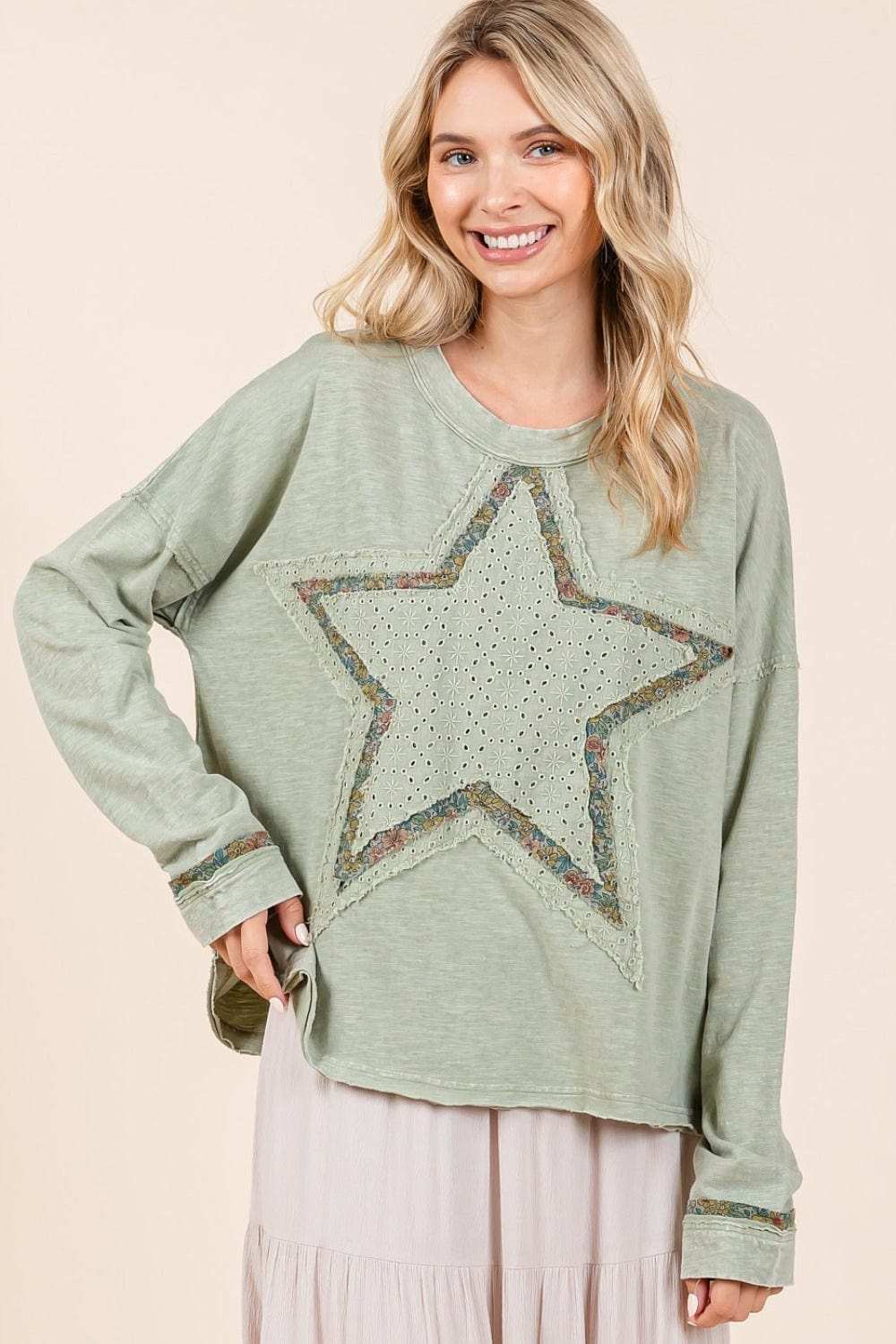 Mittoshop Mineral Wash Star Patch Long Sleeve T-Shirt - Trendsi - Flyclothing LLC