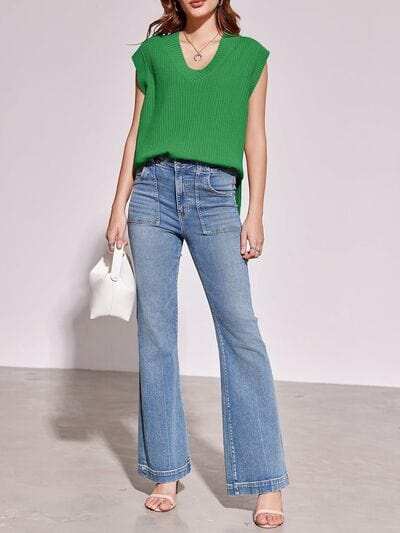 Lovelet Ribbed V-Neck Slit Sweater Vest - Trendsi - Flyclothing LLC