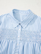 Stripe Shirred Detail Half Placket Collared Long Sleeve Shirt - Trendsi - Flyclothing LLC