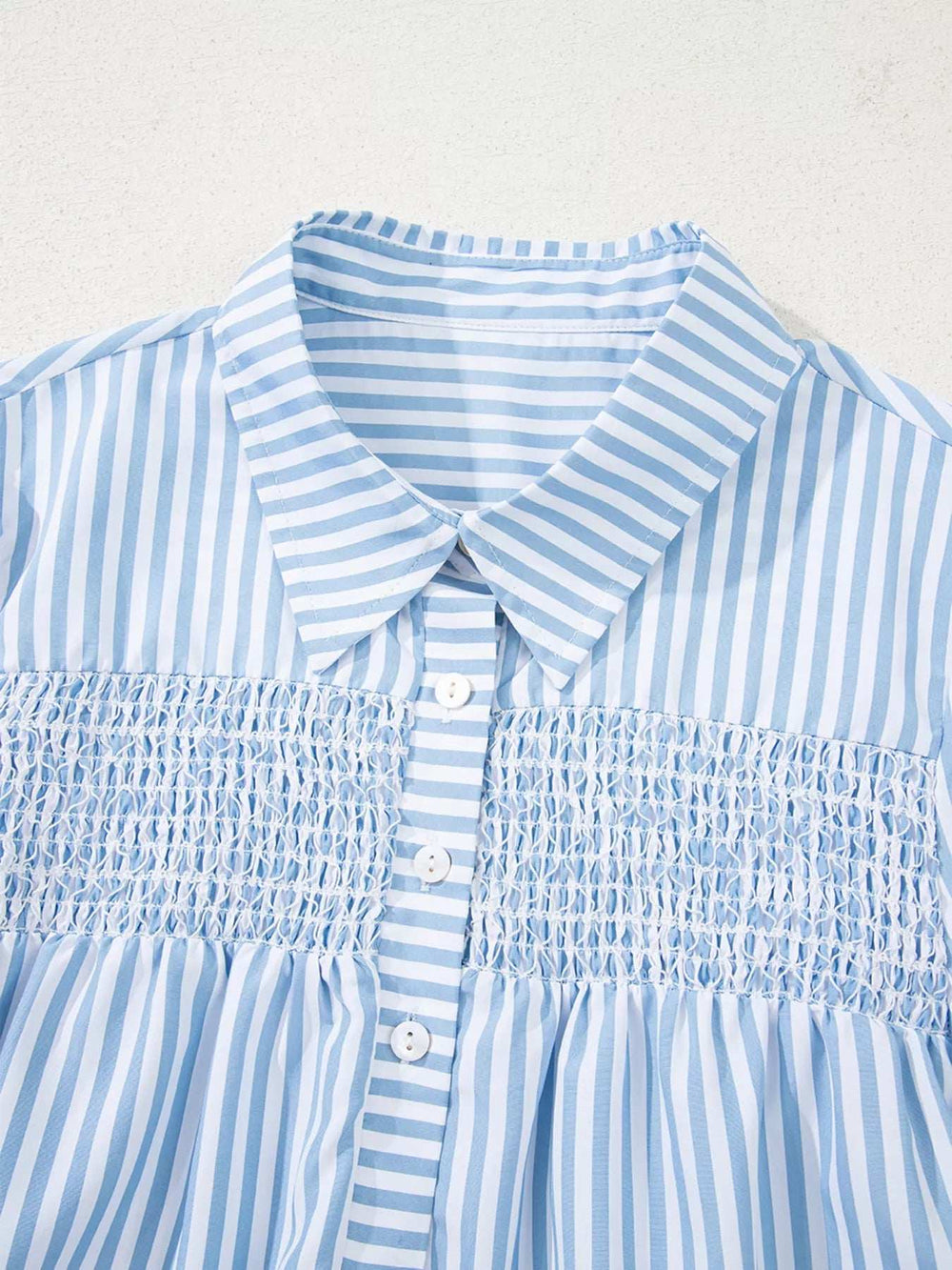 Stripe Shirred Detail Half Placket Collared Long Sleeve Shirt - Trendsi - Flyclothing LLC